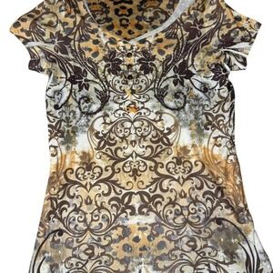 Brown and yellow leopard print blouse‎ with rhinestone detailing